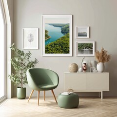 Modern Living Room with Green Accents and Nature Artwork Display