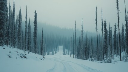 A snow covered forest road winding through the dense trees