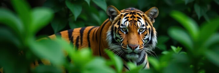 Orange and black tiger concealed amongst dense green leaves , beauty, danger, leaves