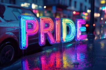 Neon Pride Sign Illuminated by Rainy City Night Glow