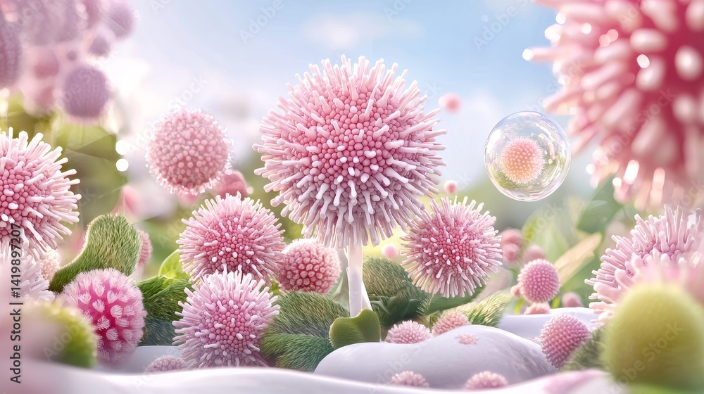 Poster futuristic digital interface displaying real-time microbial ecosystem nature 3d visualization bright
