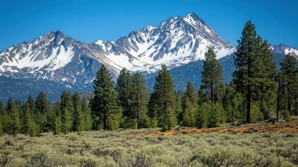 Majestic snow capped mountains and evergreen trees under a blue sky