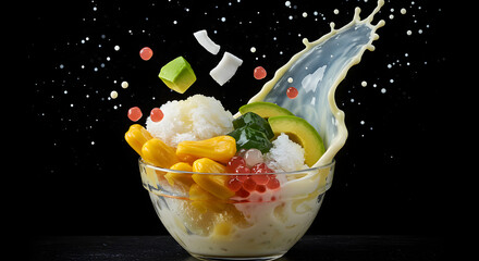Indonesian Es Campur Dessert with Splash of Milk – Traditional Sweet Mixed Ice in High-Speed Motion