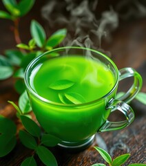 Steaming cup of bright green tea, delicate leaves visible, wellness, tea time, bamboo