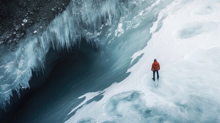 A hiker standing at the edge of a frozen lake, the translucent ice revealing dark, unfathomable depths below.