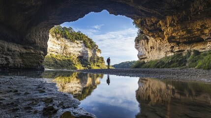 A hiker standing at the edge of a rock archway, suspended hundreds of meters above a river.