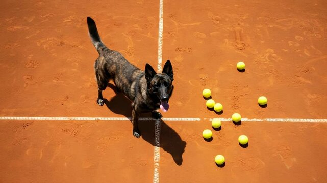 A playful dog stands on a tennis court surrounded by bright yellow tennis balls under the sun - dutch german shepherd dog