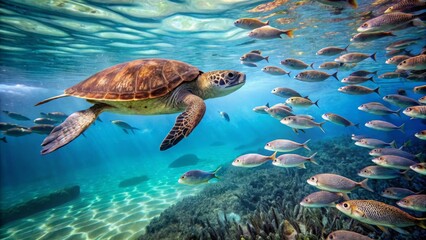 Obraz premium Oceanic Turtle Gracefully Navigates a Vibrant Coral Reef Ecosystem Surrounded by a School of Fish