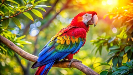 Obraz premium A Vibrant Scarlet Macaw Perched on a Branch in Lush Tropical Foliage, Bathed in Golden Sunlight