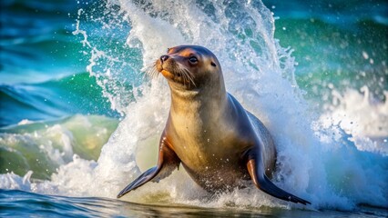 Obraz premium A Majestic Sea Lion Emerges from a Crest of Ocean Waves, Displaying its Graceful Power and Natural Beauty in a Stunning Display of Aquatic Life