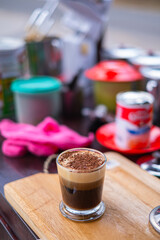 Egg Coffee Vietnam. Traditional Vietnamese drink prepared with egg yolks, sugar, condensed milk and robusta coffee.