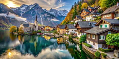 Naklejka premium Picturesque Lakeside Village at Sunrise with Mountain Reflections