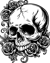 Dark Gothic skull and bone design in detailed SVG vector style. Skull Surrounded by Rose Flowers in Artistic Black and White Design