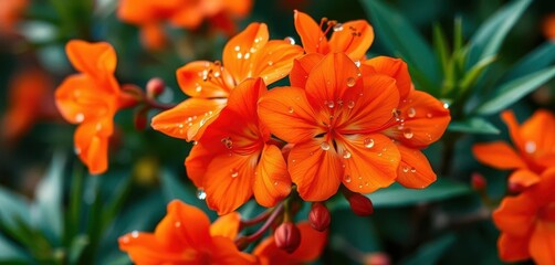 Fototapeta premium Vibrant orange blossoms, glistening with morning dew, nature, bright