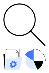 Magnifying glass with document folder and gear, pie chart sections color-coded, abstract depiction of analysis. Ideal for research, project management, data analytics, business analysis, reporting