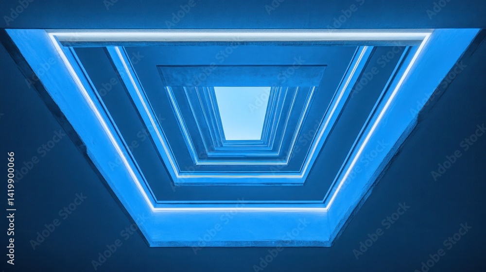 Poster a blue illuminated architectural design with multiple geometric levels