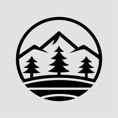 Fototapeta premium Vector landscape logo, sunset scene in nature with mountains and forest, silhouettes of trees and hills. Beautiful landscape of mountains and wild forest