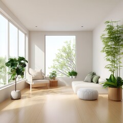 Modern Minimalist Living Room with Natural Light and Indoor Plants