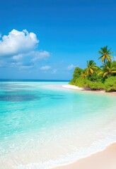 White sand beach, turquoise water, lush tropical vegetation, palm trees, deserted island, waves, relaxation
