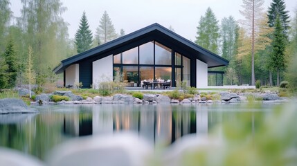 Fototapeta premium Modern home nestled beside a tranquil pond. Exterior design features a blend of black and white, with large windows showcasing the interior. Landscaping includes rocks and greenery