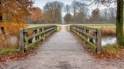 Fototapeta premium Autumnal Wooden Bridge Over a Creek in a Foggy Forest