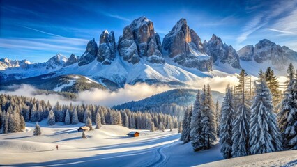 Winter Wonderland Majestic Peaks, Snow-Covered Pines, and Solitary Huts in a Serene Valley