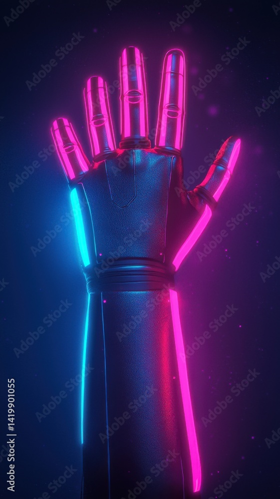 Poster futuristic robot hand display in neon glow digital environment 3d visualization sci-fi concept