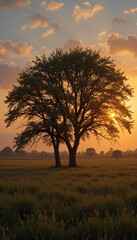 Obraz premium Golden sunrise gently illuminates twin trees standing tall in a tranquil field.. AI Generated