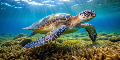 Fototapeta premium Majestic Sea Turtle Gracefully Navigating a Vibrant Coral Reef Ecosystem