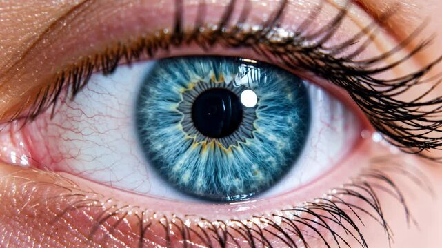Close-up view of a blue eye showcasing intricate patterns and details in natural light