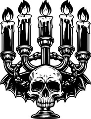 Obraz premium Dark Gothic skull with symbolic elements in intricate gothic compositions, SVG vector format. Sinister Candle Holder with Skull and Flames in Gothic Style Artwork