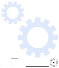 Minimalist gears rotate alongside a small clock. Ideal for productivity, efficiency, teamwork, time management, operations, innovation, problem-solving. Flat simple metaphor