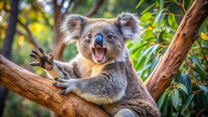 Obraz premium A playful koala bear sitting on a tree branch, extending a paw in a friendly gesture, with its mouth open in a joyful expression, surrounded by lush green foliage.