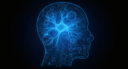 A glowing neuron network and circuits form a brain within a human head silhouette against a dark background.