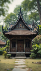 Serene Asian temple glows softly under diffused sunlight pathway leads invitingly. AI Generated