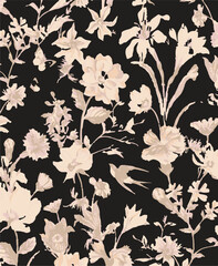 Beautiful floral seamless pattern with watercolor hand drawn summer wild field flowers. Stock illustration.