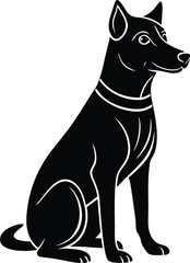 vector illustration of a dog, black and white dog, sitting dog silhouette vector icon, funny cute dog wearing sunglass symbol icon.
