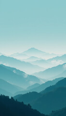 Serene teal mountains softly layered in misty morning light. AI Generated