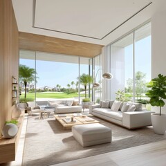 Modern Bright Living Room with Large Windows and Outdoor View