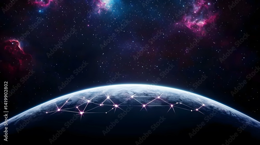 Poster the image shows a portion of planet earth from space, with a network of glowing lines connecting var