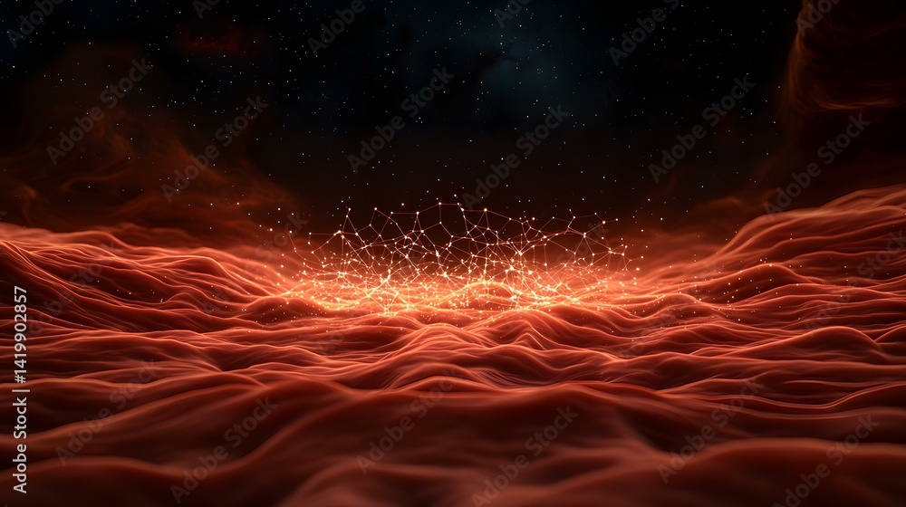 Poster a glowing network of interconnected nodes floats above a landscape of undulating, reddish-orange wav