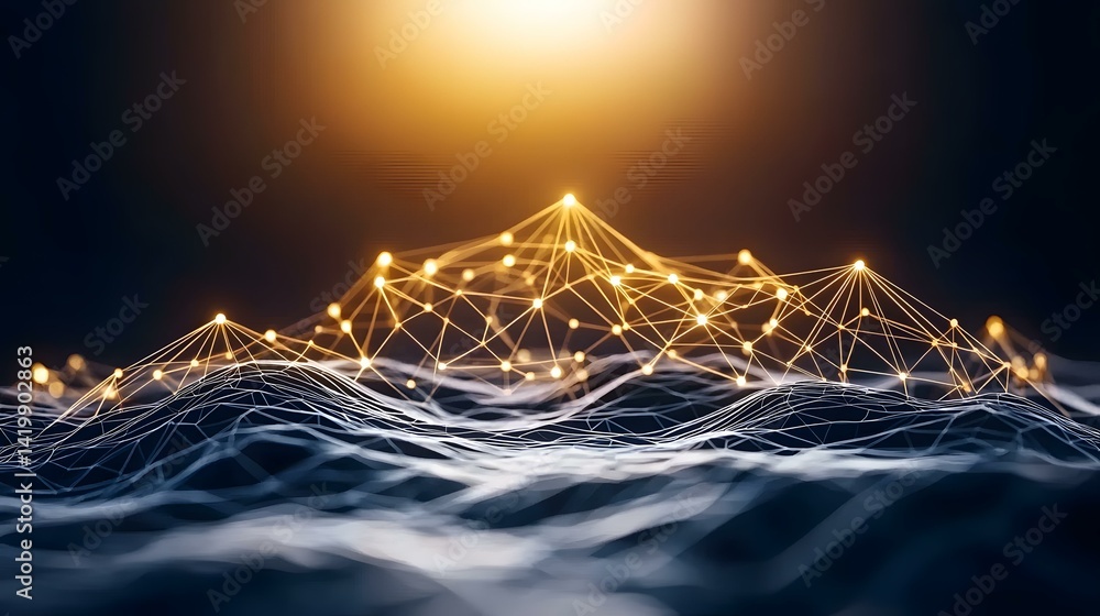 Poster the image shows a dark, abstract landscape with a network of glowing golden lines and nodes forming 