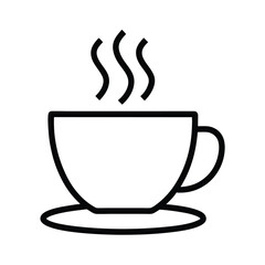 Line Art Steaming Cup Icon With Saucer, Simple Black Silhouette On Transparent Design