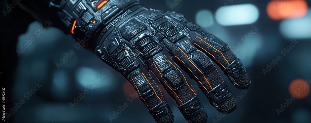 Poster futuristic tech innovation close-up of advanced glove high-tech laboratory digital rendering sci-fi 