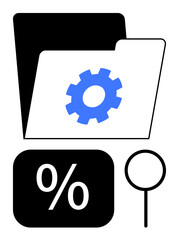 Open folder with a gear, percentage symbol, and magnifying glass suggesting settings, data analysis, optimization, or research. Ideal for organization, technology, business data research finance