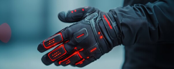 Innovative action gloves for enhanced performance tech lab product showcase indoor close-up wearable technology