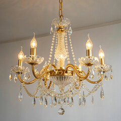 Elegant crystal glass chandelier isolated on white background.
