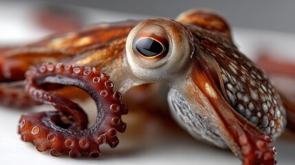 Close-up of a detailed octopus head with tentacles and large eye, macro photography of marine life