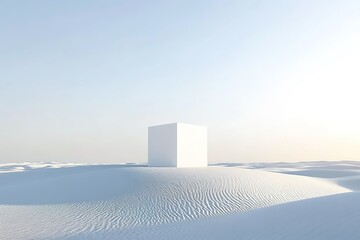 White cube stands on a snow covered hill under a bright sky.