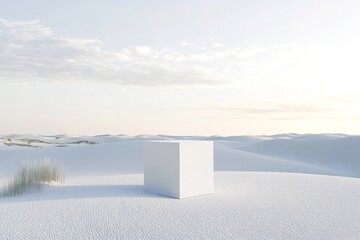 White cube stands in a bright minimalist landscape with soft light and sky.